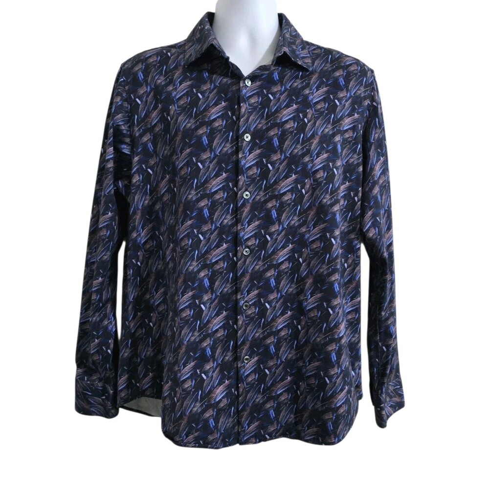 Bugatchi 8 Way Stretch Button Up Shirt Mens Size L Feather Print Long Sleeve